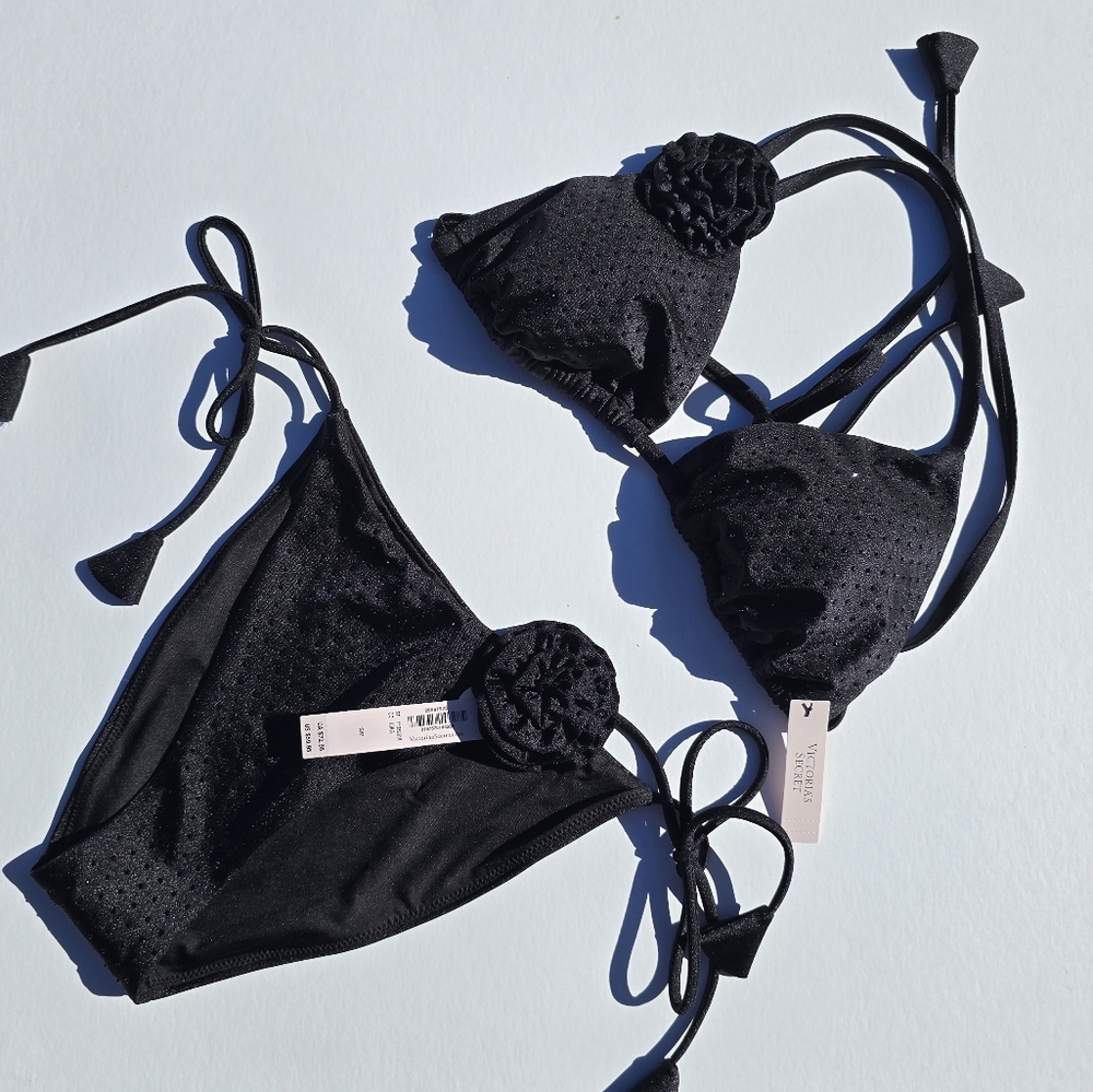 Victoria's Secret Black Bikini Set with Floral Detail M/S Nwt
